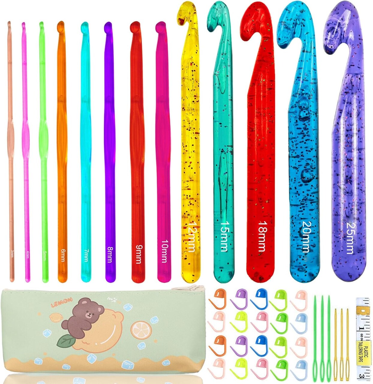 13 Size Crochet Hooks Set,Plastic Crystal Crochet Hook with Case,Large Crochet Hooks for Chunky Yarn Ergonomic Knitting Needles Crochet Needle